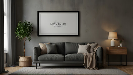 Black frame mockup in boho living room interior background with gray sofa.