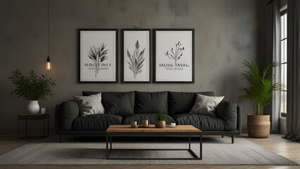 Black frame mockup in boho living room interior background with gray sofa.