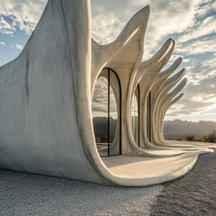 A monolithic retreat with curved concrete fins mimicking peacock feathers. Set on a windswept plain, its textured surfaces and shadows create a striking minimalist form.