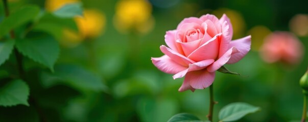 Fototapeta premium Single delicate pink rose blooming in a garden among lush greenery, bloom, garden