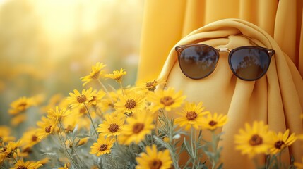 Woman's Day essentials yellow leather purse, stylish spectacles, white textile, and wildflowers on a beige background with blank space.