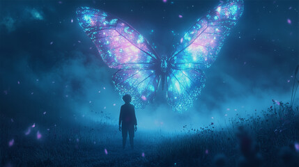 Naklejka premium A colossal, glowing butterfly with radiant blue and purple wings hovers in a misty night sky, as a lone figure watches in awe. 