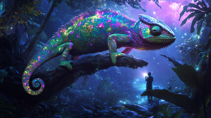 A giant, glowing chameleon covered in shimmering neon hues perches on a thick branch in an enchanted, bioluminescent forest.  