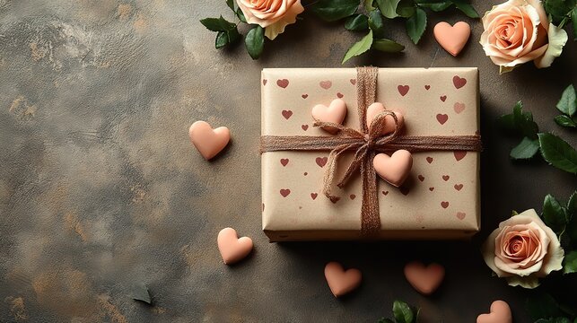 Women's Day top view roses, hearts, gift on beige with space for affectionate words.