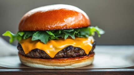 perfectly composed cheeseburger with melty cheese and crispy lettuce on wooden table against blurred background