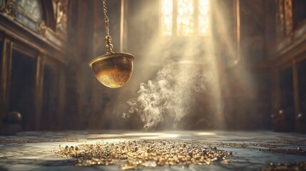 A golden incense holder hangs from the ceiling, releasing a plume of smoke into the air.