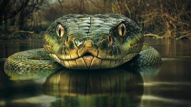 Large green anaconda resting on the surface of a calm river surrounded by dense forest during daylight hours