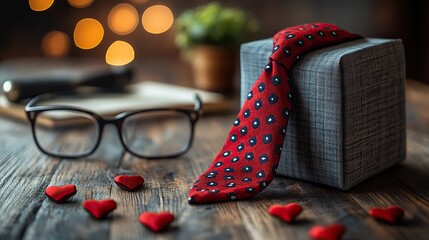 Fototapeta premium Working dad gifts tools, tie, glasses, note, and hearts on soft grey for Father's Day.