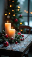 Snowy wooden table with Christmas decorations, candles, and garland, garland, holiday