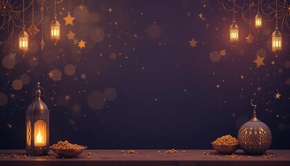 Ramadan Lantern with Colorful Light Glowing at Night and Glittering with Bokeh Lights on ground. Festive Greeting Card, Invitation for Muslim Holy Month Ramadan Kareem. Blue Dark background