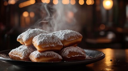Steaming hot beignets sprinkled with powdered sugar on dark plate