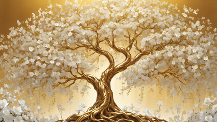 Golden Tree of Life with White Blossoms on Gradient Background. Generative AI