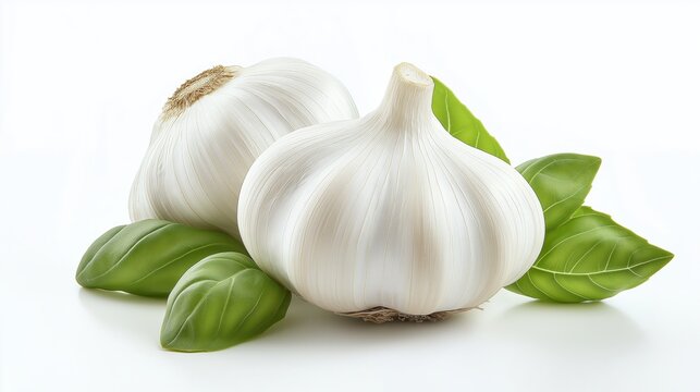 Two whole heads of fresh white garlic, one slightly larger and positioned slightly further back from the camera, nestled amongst fresh basil leaves