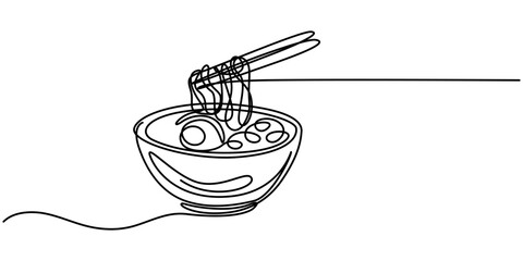 One line  Drawing or illustration of a plate full of spaghetti, One line  Drawing or illustration of ramen in a bowl, Spaghetti Line Icon, Chinese bowl and food, One line illustration of ramen bowl. 