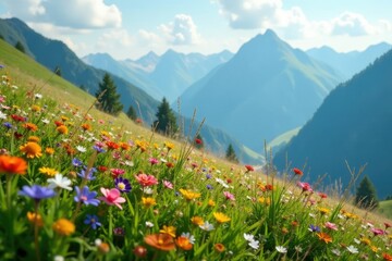 Tall grasses with a carpet of colorful flowers on an alpine slope, tall, grasses