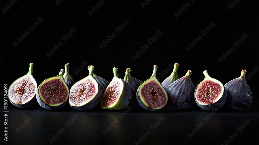 Aufkleber fresh figs displayed in a row showcasing their rich texture and color against a dark background