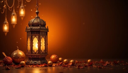Ramadan Lantern with Colorful Light Glowing at Night and Glittering with Bokeh Lights on ground. Festive Greeting Card, Invitation for Muslim Holy Month Ramadan Kareem. Blue Dark background