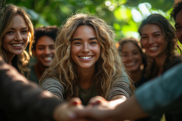 Photo d’un groupe d’amis souriants partageant un moment de jeu en plein air, capturant la joie, la convivialité et la complicité dans un cadre naturel estival