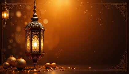 Ramadan Lantern with Colorful Light Glowing at Night and Glittering with Bokeh Lights on ground. Festive Greeting Card, Invitation for Muslim Holy Month Ramadan Kareem. Blue Dark background