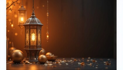 Ramadan Lantern with Colorful Light Glowing at Night and Glittering with Bokeh Lights on ground. Festive Greeting Card, Invitation for Muslim Holy Month Ramadan Kareem. Blue Dark background