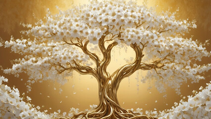 Golden Tree of Life with White Blossoms on Gradient Background. Generative AI