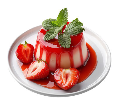 Strawberry panna cotta dessert with mint garnish isolated on transparent background