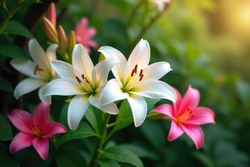 Fototapeta premium White lily flowers and pink daylilies growing among foliage on a tree branch, foliage, blossom, pink