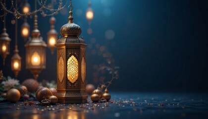 Ramadan Lantern with Colorful Light Glowing at Night and Glittering with Bokeh Lights on ground. Festive Greeting Card, Invitation for Muslim Holy Month Ramadan Kareem. Blue Dark background
