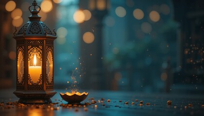 Ramadan Lantern with Colorful Light Glowing at Night and Glittering with Bokeh Lights on ground. Festive Greeting Card, Invitation for Muslim Holy Month Ramadan Kareem. Blue Dark background