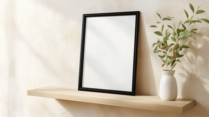 Blank black frame mockup on wooden shelf against beige wall