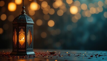 Ramadan Lantern with Colorful Light Glowing at Night and Glittering with Bokeh Lights on ground. Festive Greeting Card, Invitation for Muslim Holy Month Ramadan Kareem. Blue Dark background