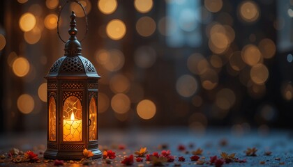 Ramadan Lantern with Colorful Light Glowing at Night and Glittering with Bokeh Lights on ground. Festive Greeting Card, Invitation for Muslim Holy Month Ramadan Kareem. Blue Dark background