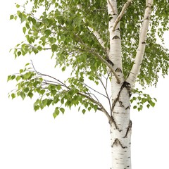 Fototapeta premium paper birch tree with its iconic white bark and lush green leaves, isolated on a pure white background, symbolizing freshness