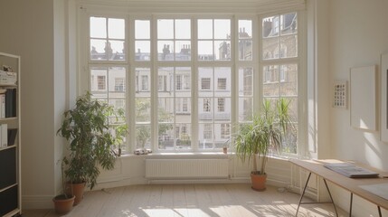 Bright and airy workspace with large windows overlooking city buildings during daylight