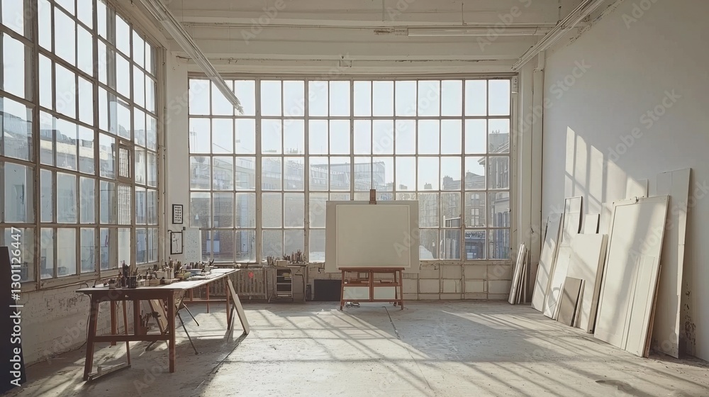 Aufkleber bright and spacious art studio featuring large windows and minimalistic design with easel ready for 