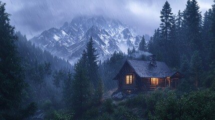 Tranquil Rainy Night: Warm Cabin Glow Amidst Mountain Wilderness