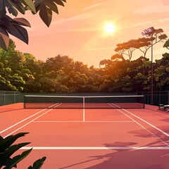 A vibrant sunset tennis court with warm skies, lush trees, and a player mid-serve. Crisp white lines, motion blur, and cinematic lens flare enhance the scene.