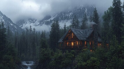 Tranquil Rainy Night: Warm Cabin Glow Amidst Mountain Wilderness
