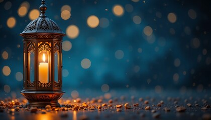 Ramadan Lantern with Colorful Light Glowing at Night and Glittering with Bokeh Lights on ground. Festive Greeting Card, Invitation for Muslim Holy Month Ramadan Kareem. Blue Dark background