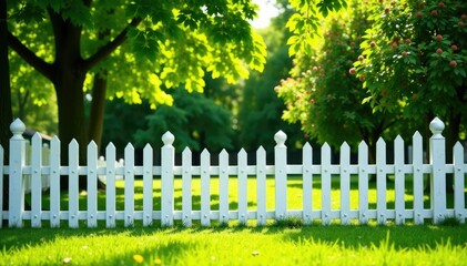 White picket fence surrounds a serene backyard with green grass and trees, exterior, white picket fence,