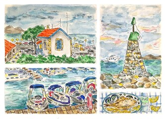Seafront with boats, resort watercolor illustration