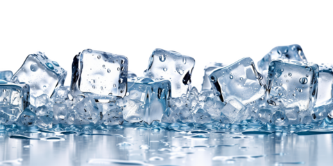 Group of Clear Ice Cubes on Reflective Surface with Transparent Background