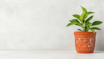 Fototapeta premium Small Green Plant in Terracotta Pot Against Gray Wall