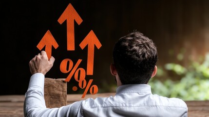 Businessman pushing upward trend percentages in rustic location