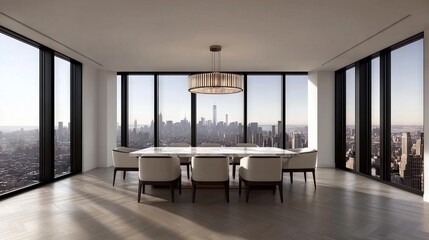 Modern penthouse dining room with city view