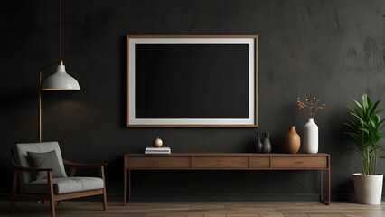 Mockup frame on cabinet in living room interior on empty dark wall background