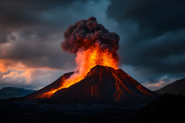 Fiery eruption of a volcano under a dramatic sky with billowing clouds at dusk