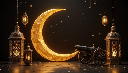 Ramadan Festive Background greeting card, golden crescent moon, traditional Islamic lanterns, black cannon, dark background