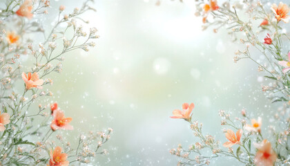 Delicate orange flowers creating a frame on sparkling green background