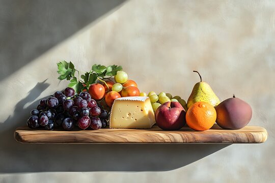 A Still Life of Fruits and Cheese on a Wooden Shelf